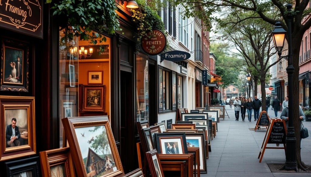 A cozy street lined with inviting local framing stores, their storefronts adorned with artful window displays showcasing expertly framed artwork. Warm lighting illuminates the charming scene, creating a welcoming atmosphere. In the foreground, a variety of frames in diverse styles and materials catch the eye, beckoning passersby to step inside and explore the possibilities for customizing their own treasured pieces. The middle ground features signage and storefront details, highlighting the unique character of each establishment. In the background, a quaint urban setting with pedestrians, trees, and other local businesses sets the scene, conveying a sense of community and creativity.