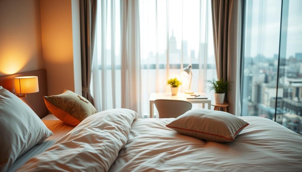 A cozy studio apartment with warm lighting, soft textures, and a welcoming atmosphere. In the foreground, a neatly made bed with plush bedding and a decorative throw pillow. On the nightstand, a lamp casts a gentle glow. In the middle ground, a small desk with a laptop, pen, and a potted plant. In the background, a large window overlooking a city skyline, partially obscured by sheer curtains. The scene conveys a sense of comfort, organization, and attention to detail, reflecting the tips for a smooth rental experience.