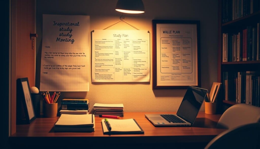 A cozy study corner bathed in warm lighting, showcasing a neat arrangement of study materials - notebooks, highlighters, and a laptop on a wooden desk. In the foreground, an inspirational wall calendar hangs, displaying motivational study tips. The middle ground features a framed study plan, outlining well-defined goals and milestones. Bookshelves line the background, creating a scholarly atmosphere. The overall scene exudes a sense of focus, organization, and readiness for the upcoming exam.