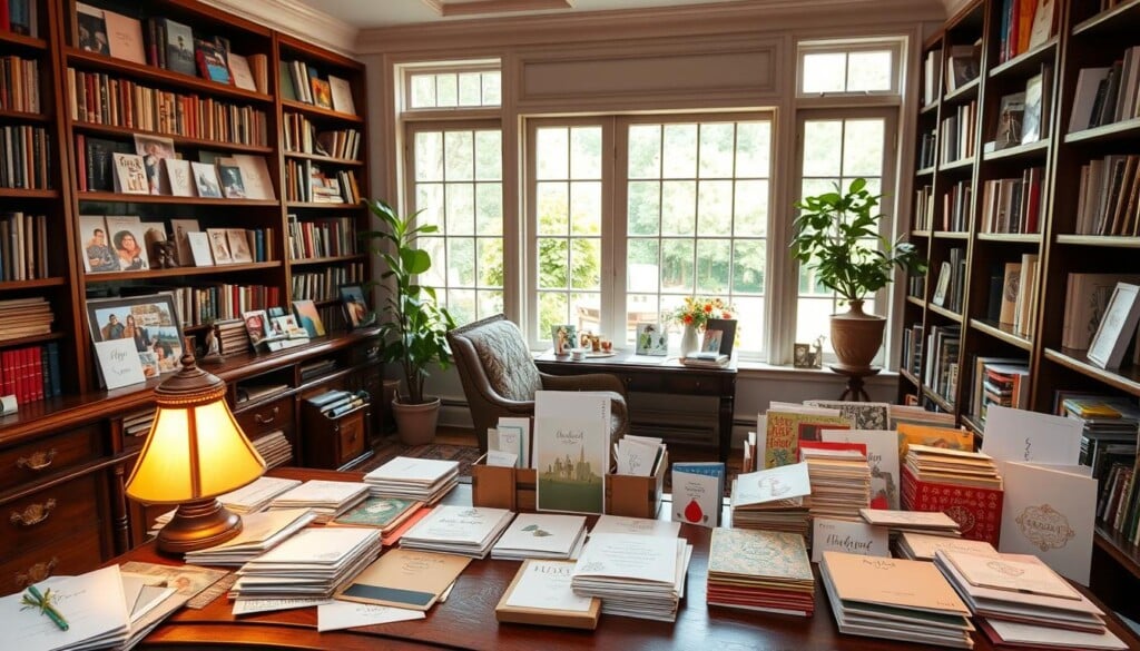 A cozy study filled with a vibrant collage of custom greeting cards, stationery, and invitations. In the foreground, an elegant wooden desk with a warm lamp casting a soft glow. Atop the desk, an array of cards in various textures, colors, and designs, meticulously arranged. In the middle ground, bookshelves line the walls, their shelves brimming with artfully curated card collections. The background features large windows overlooking a tranquil garden, natural light filtering in and creating a serene ambiance. The overall scene evokes a sense of creativity, inspiration, and the joy of discovering the perfect personalized cards for any occasion.