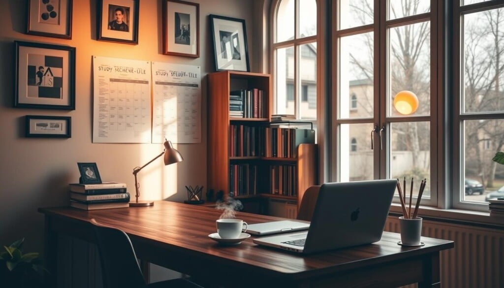 A cozy study nook with a sturdy oak desk, a soft lamp casting a warm glow, and a meticulously organized study schedule pinned to the wall. Framed art pieces and shelves of books create a contemplative atmosphere. The desk is adorned with a laptop, a cup of steaming tea, and a few sharpened pencils, hinting at the focused work to come. Sunlight streams in through large windows, illuminating the space and providing a sense of openness and clarity. The overall scene conveys a sense of productivity, discipline, and a dedication to academic excellence.