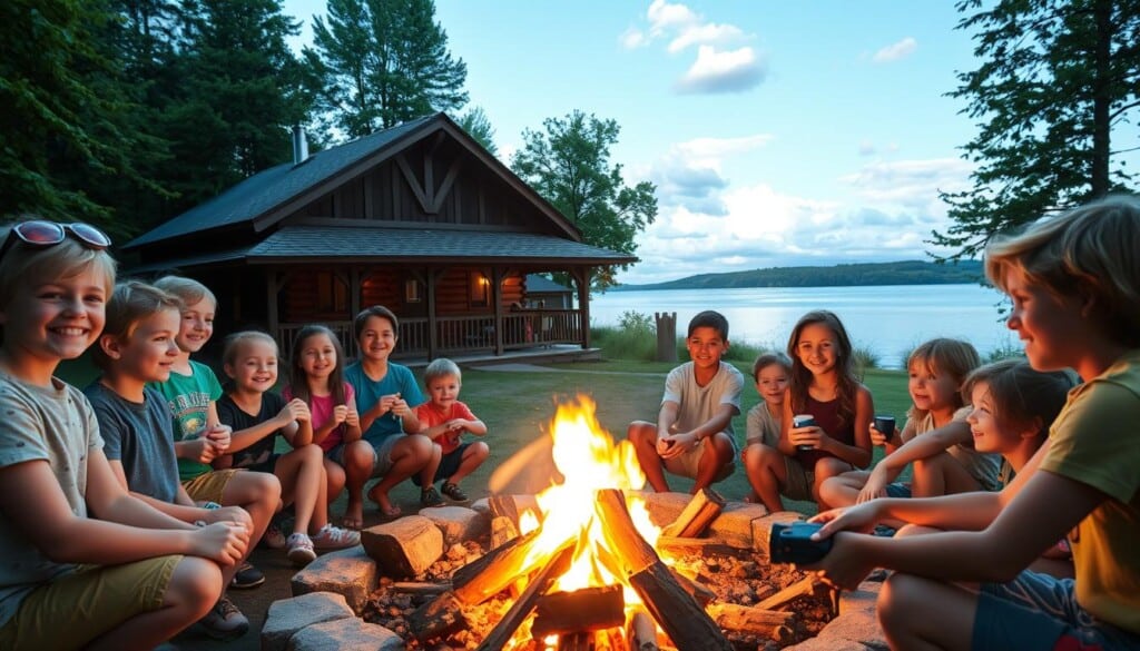 A cozy summer evening at a local community camp, where a group of children and counselors gather around a crackling firepit. In the foreground, smiling faces and hands clasped in a friendly circle, illuminated by the warm glow of the flames. The middle ground reveals a rustic wooden cabin with a wraparound porch, surrounded by lush, verdant trees. In the distance, a serene lake reflects the tranquil sky, dotted with fluffy clouds. The atmosphere is one of camaraderie, adventure, and the pure joy of summer. A 50mm lens captures this intimate moment, with soft, diffused lighting that enhances the camp's welcoming ambiance.