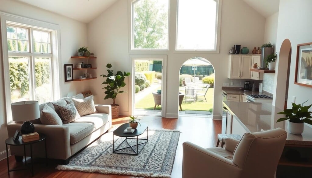 A cozy, sun-drenched living room with large windows overlooking a well-manicured backyard. An inviting sofa and armchair arrangement, accentuated by a plush area rug and decorative throw pillows. Shelves displaying tasteful decor pieces, framed artwork, and indoor plants that create a warm, homely ambiance. The kitchen, visible through an open archway, features gleaming countertops, modern appliances, and ample cabinet space. Beyond the house, a lush garden with a patio and garden furniture, hinting at the potential for outdoor relaxation and entertainment. The overall impression conveys a sense of comfort, functionality, and the perfect balance of form and function in a desirable rental property.