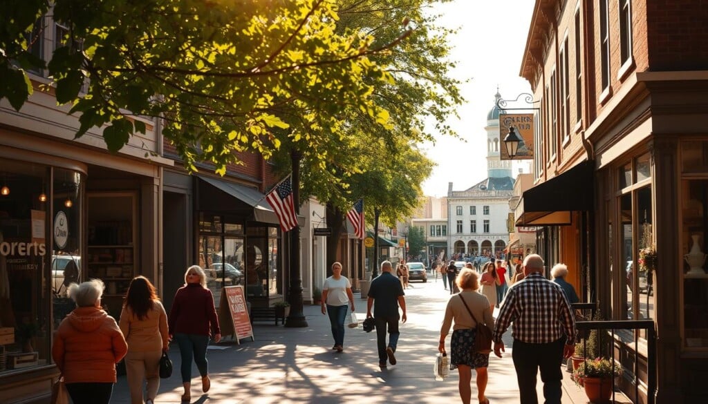A cozy, sun-drenched street in a small town, lined with independently owned local businesses. In the foreground, a group of people stroll by, appreciating the window displays and stopping to chat with shopkeepers. Warm, golden light filters through the trees, casting a welcoming glow. In the middle ground, quaint storefronts with charming facades beckon passersby - a bakery, a hardware store, a local artisan collective. In the background, a historic town square comes into view, bustling with activity as community members support their neighborhood enterprises. The scene radiates a sense of pride, connection, and the importance of sustaining local economies.