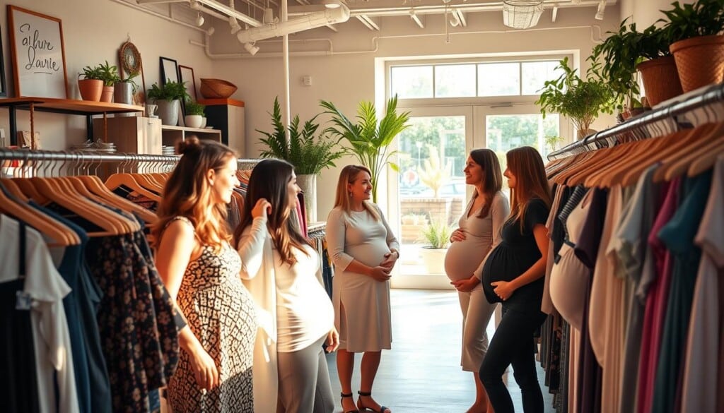 A cozy, sunlit interior of a maternity clothing store, with racks of stylish, modern maternity dresses, tops, and bottoms arranged in an inviting display. In the foreground, a group of pregnant women browsing the selection, deep in conversation, their faces lit by warm, natural lighting. In the middle ground, a friendly store associate offering helpful advice to a customer. The background features tasteful decor, potted plants, and large windows allowing ample natural light to flood the space, creating a welcoming, relaxed atmosphere. The overall scene conveys a sense of community, comfort, and a positive shopping experience for expectant mothers.