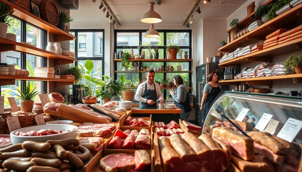 A cozy, sustainable butcher store with natural lighting, wooden shelves, and a warm, inviting atmosphere. In the foreground, freshly cut meats and sausages are displayed in a clean, well-organized manner. The middle ground showcases a friendly butcher behind the counter, interacting with customers and explaining the sourcing and preparation of the high-quality, locally-sourced products. In the background, large windows offer a glimpse of a lush, green urban garden, highlighting the store's commitment to sustainability and its connection to the local community. The overall scene conveys a sense of pride, transparency, and a passion for providing premium, ethically sourced meats.