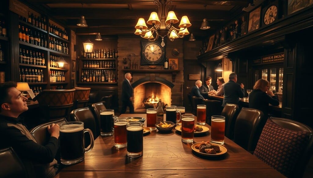 A cozy tavern interior bathed in warm, soft lighting. At the center, a wooden table set with tankards of ale, platters of hearty fare, and a map highlighting nearby points of interest. In the background, patrons converse animatedly at the bar, while a fireplace crackles, casting a welcoming glow. Shelves of aged liquor bottles line the walls, and a vintage-inspired chandelier hangs overhead. The atmosphere exudes a sense of history, camaraderie, and the promise of a memorable, immersive experience.
