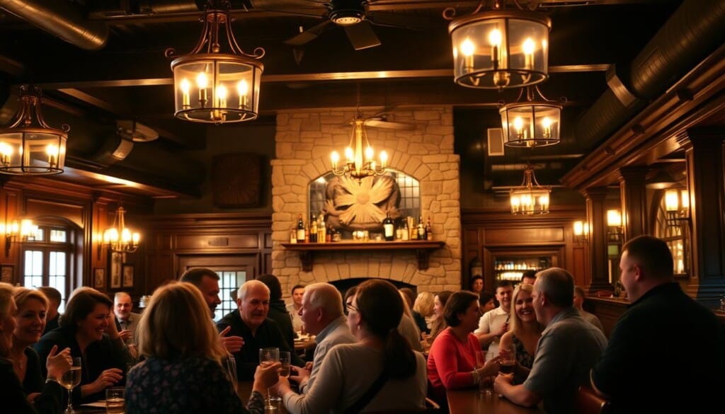 A cozy tavern interior, dimly lit with the warm glow of rustic chandeliers and candlelight, sets the stage for a night of memorable experiences. In the foreground, patrons engage in animated conversation, their laughter and clinking glasses filling the air. The middle ground features a well-stocked bar, its polished wood and brass accents reflecting the flickering flames of a stone fireplace. In the background, a row of booths offers intimate seating, where friends and couples share stories and create lasting memories. The atmosphere is one of camaraderie, comfort, and a sense of timelessness, inviting visitors to immerse themselves in the charm of this quintessential American tavern.