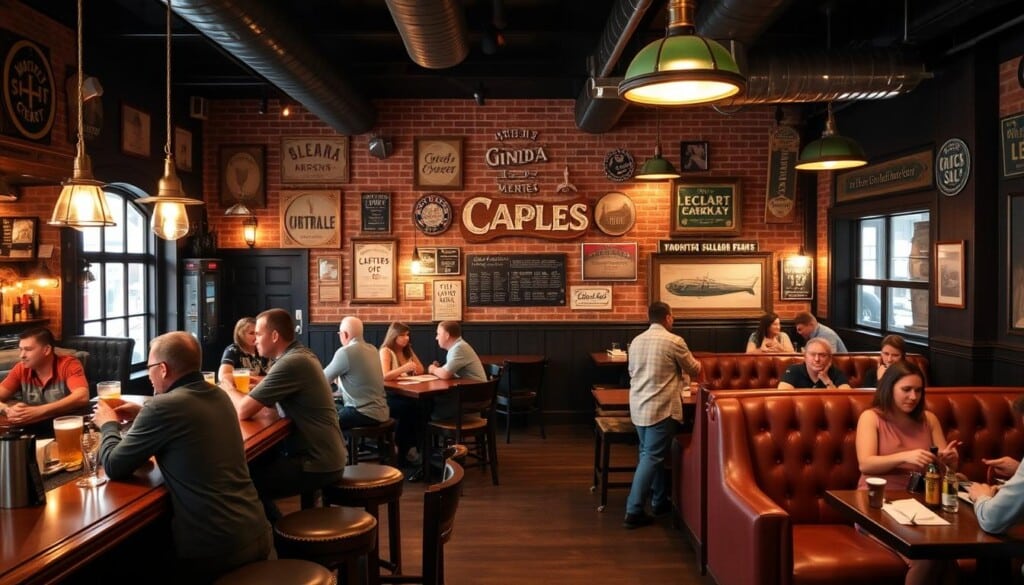 A cozy tavern interior with a warm, inviting ambiance. The foreground features a wooden bar with brass accents, and patrons enjoying casual conversations over craft beers and cocktails. The middle ground showcases a mix of high-top tables and plush leather booths, where groups of friends and families indulge in comfort food dishes. The background depicts a brick wall adorned with vintage signage, creating a rustic, timeless aesthetic. Soft, flattering lighting casts a gentle glow, setting the mood for a relaxed, convivial dining experience. The scene exudes a sense of community, where people come together to unwind, savor delicious food, and enjoy each other's company.