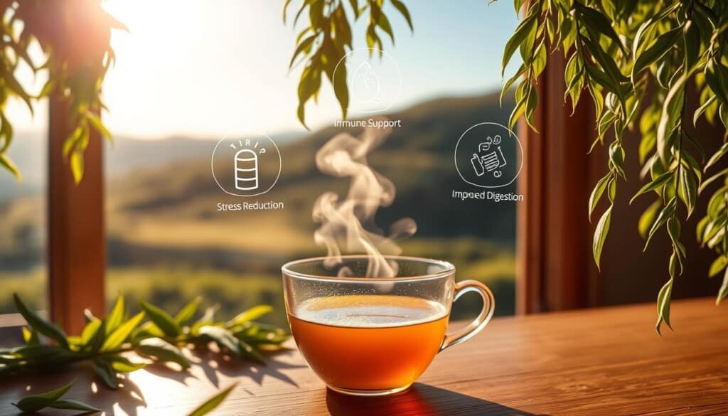A cozy tea room bathed in warm, golden light. In the foreground, a delicate teacup filled with fragrant, steaming tea. Floating above it, holographic icons depicting the key health benefits of tea - antioxidants, immune support, stress reduction, and improved digestion. In the middle ground, lush, verdant tea leaves cascade down, framing the scene. The background is a serene landscape of rolling hills and a clear, blue sky, suggesting a tranquil, restorative atmosphere. The overall mood is one of wellness, comfort, and the natural goodness of tea.