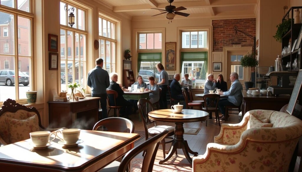 A cozy tea room nestled in the heart of a quaint American town, sunlight streaming through large windows, illuminating the vintage decor - antique wooden tables, floral-patterned armchairs, and a charming barista preparing an aromatic blend. The foreground showcases the attention to detail, from delicate china teacups to a display of locally-sourced baked goods. The middle ground reveals a mix of locals and visitors, engaged in lively conversation over steaming cups of tea. The background hints at the unique architectural character of the region, with brick or clapboard buildings lining the picturesque street outside.