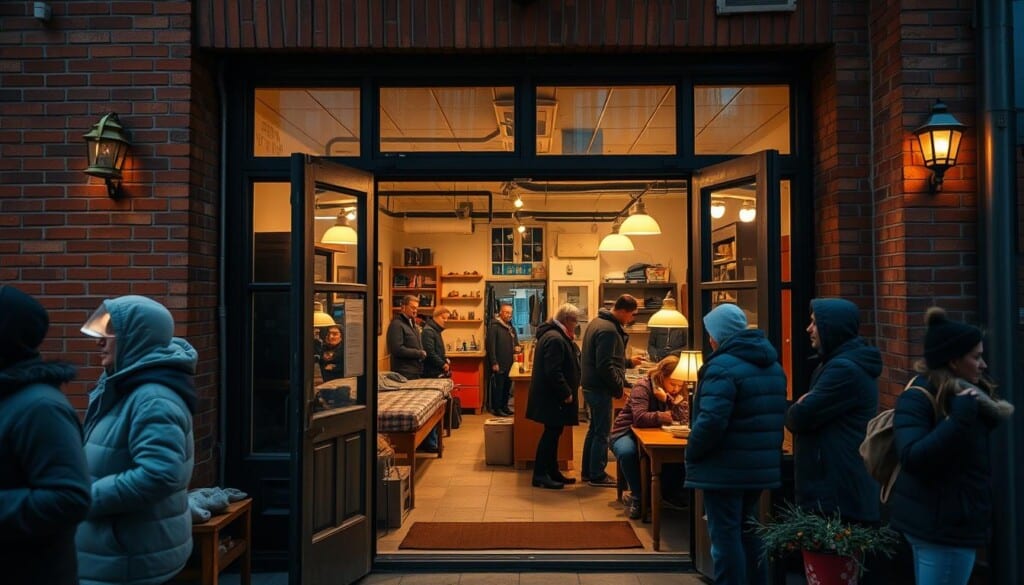 A cozy urban shelter, its exterior a warm brick facade, inviting passersby to seek refuge from the cold. Through the open doors, glimpse the bustling interior - rows of beds, a communal kitchen, and staff tending to the needs of the residents. Soft lighting from vintage lamps casts a soothing glow, as people gather in small groups, finding community and support. The scene evokes a sense of safety and belonging, a haven amidst the city's bustling streets.