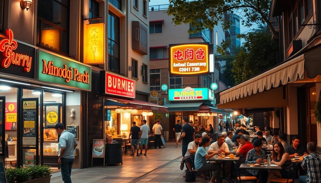 A cozy urban street scene, with a row of vibrant Burmese restaurants lining the sidewalk. Warm, inviting lighting spills out from the doorways, drawing in passersby. A diverse crowd of diners sits at outdoor tables, savoring fragrant dishes. In the background, a blend of modern and traditional architecture creates an authentic atmosphere. The scene is captured with a wide-angle lens, showcasing the bustling energy and variety of options for discovering delectable Burmese cuisine in the local neighborhood.