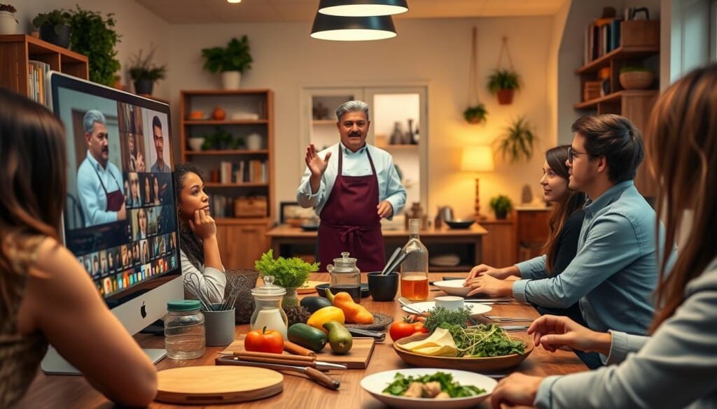 A cozy virtual classroom with several students attending an online culinary program. The foreground features a desktop computer screen displaying a video lecture, with a chef instructor gesturing animatedly. The middle ground showcases various cooking ingredients and utensils arranged neatly on a wooden table, hinting at the hands-on nature of the program. The background depicts a warm, inviting home environment with bookshelves, potted plants, and a softly lit ambiance, conveying the comfort and flexibility of learning from the convenience of one's own space. The overall scene exudes a sense of focused, interactive learning within a relaxed, nurturing setting.