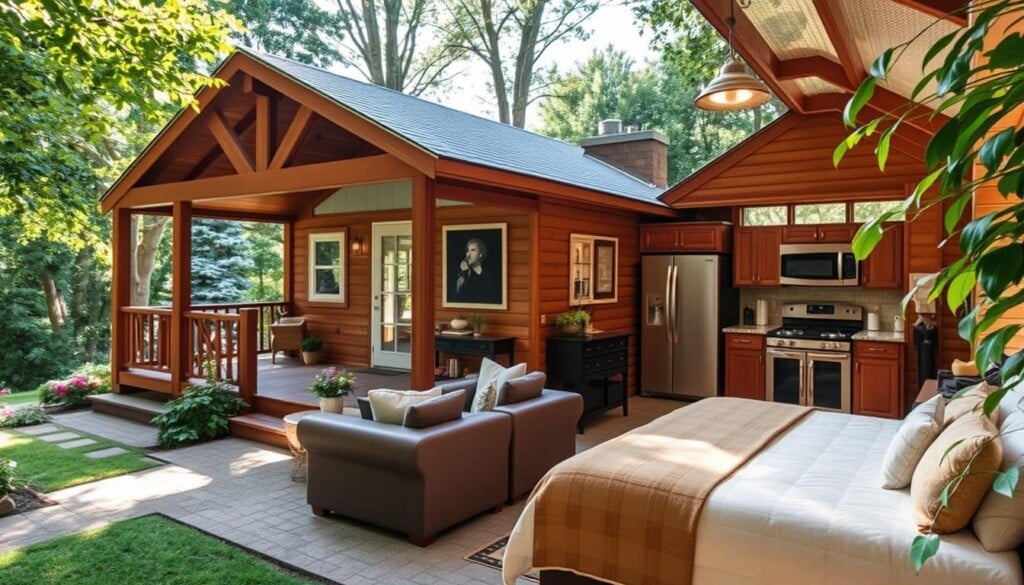 A cozy, welcoming guest house nestled in a lush, verdant landscape. The exterior features a charming, rustic design with warm wooden accents and a welcoming porch, inviting guests to relax and unwind. The interior is bathed in soft, natural light filtering through large windows, showcasing a spacious, well-appointed living area with plush furnishings and tasteful decor. The kitchen is fully equipped, with granite countertops and stainless steel appliances, while the bedroom radiates a sense of tranquility, with a plush, comfortable bed and luxurious linens. The overall atmosphere evokes a harmonious blend of modern comforts and traditional elegance, creating the perfect retreat for discerning travelers.