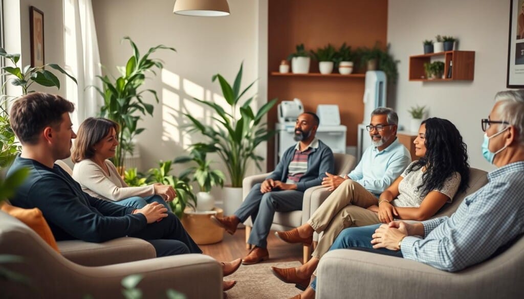 A cozy, welcoming medical clinic setting, with patients of diverse backgrounds sharing their personal experiences and testimonials about the positive impacts of cannabis-based treatments. Soft, natural lighting illuminates their expressions of relief, gratitude, and hope. The foreground features a group of patients sitting comfortably in plush armchairs, engaged in heartfelt conversations. The middle ground showcases a soothing, plant-filled environment, creating a sense of tranquility. In the background, subtle medical equipment and soothing decor convey a professional, yet compassionate atmosphere. The overall mood is one of empathy, authenticity, and the transformative power of cannabis-based therapies.