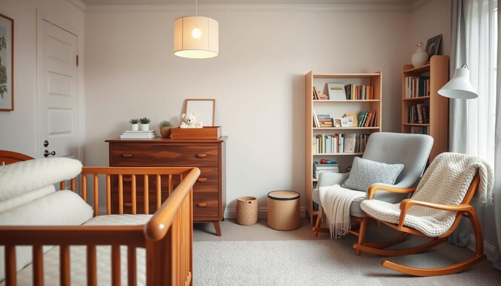 A cozy, well-appointed nursery with a soft, neutral color palette. In the foreground, a wooden crib with plush bedding and a fluffy white blanket. A mid-century modern dresser with brass hardware stands nearby, accompanied by a changing table with soft gray cushions. In the background, a bookshelf filled with storybooks and a rocking chair with a warm, knitted throw. Ambient lighting from a statement pendant lamp casts a gentle glow, creating a serene and inviting atmosphere. The scene is captured with a wide-angle lens, highlighting the harmonious design elements that create the perfect haven for a newborn.