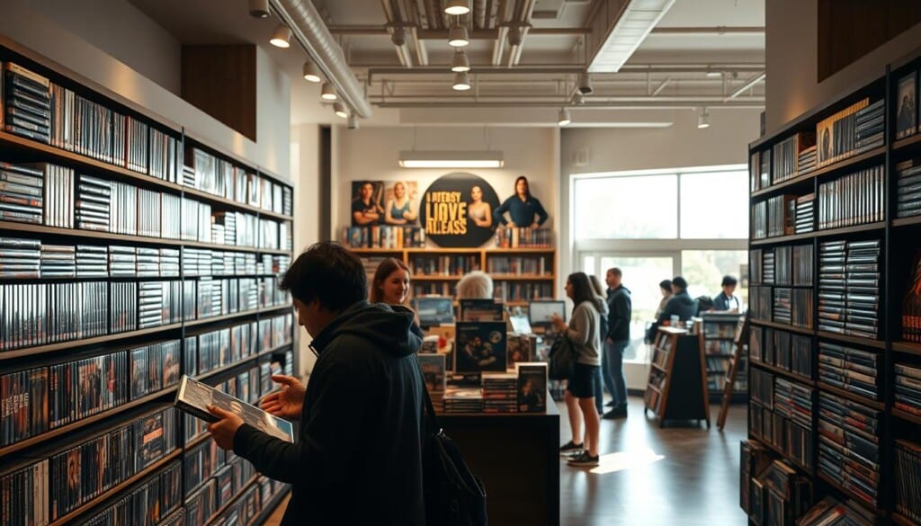 A cozy, well-lit DVD store interior with rows of neatly organized shelves showcasing a wide variety of movies. In the foreground, a customer examines a DVD case, while a friendly store clerk assists them. Warm, inviting lighting floods the space, creating a welcoming atmosphere. The middle ground features a central display highlighting the latest releases, surrounded by customers browsing the selection. The background reveals a clean, modern aesthetic with large windows allowing natural light to pour in, creating a bright and airy ambiance. The overall scene conveys a sense of discovery and excitement for movie enthusiasts.