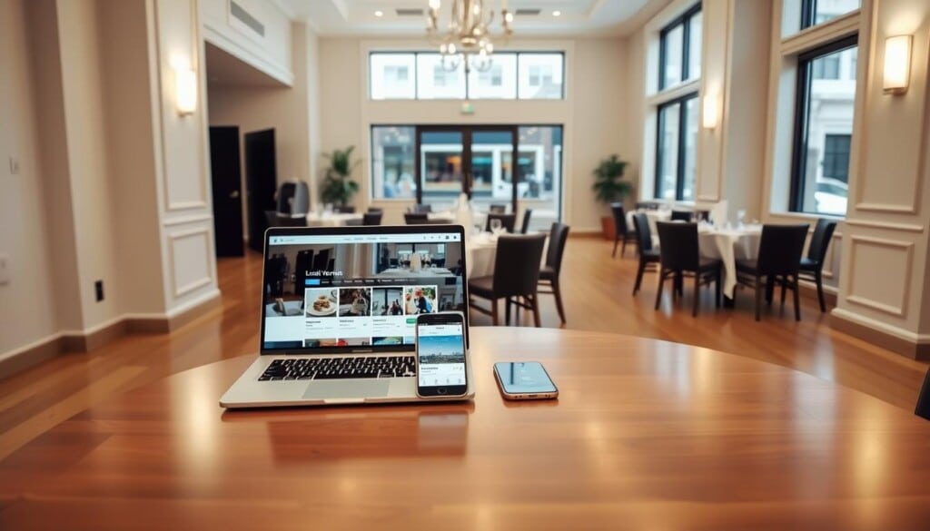 A cozy, well-lit banquet room in a sophisticated, urban venue, with a clean, minimalist interior design featuring neutral-toned walls, sleek hardwood floors, and ample natural lighting from large windows. In the foreground, a laptop and smartphone are placed on a polished wooden table, displaying a local venue search interface. The middle ground showcases tastefully arranged tables and chairs, ready to host an elegant event. In the background, the venue's exterior can be glimpsed through the windows, hinting at its convenient location within a vibrant, walkable neighborhood.