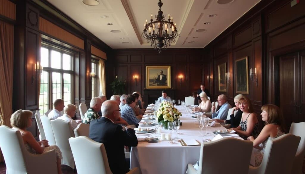 A cozy, well-lit banquet room with warm, inviting ambiance. A long, elegant dining table takes center stage, adorned with fine china, crystal glassware, and a stunning floral centerpiece. Guests are seated around the table, engaged in lively conversation and enjoying a delectable meal. The room's high ceilings and large windows allow natural light to flood the space, creating a sense of openness and grandeur. Plush, upholstered chairs and soft, muted tones in the furnishings and decor contribute to an overall atmosphere of refined sophistication. The room exudes a feeling of exclusivity and attention to detail, perfectly suited for hosting memorable events and celebrations.