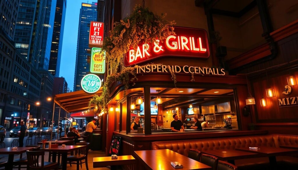 A cozy, well-lit bar and grill nestled between towering skyscrapers, its inviting facade adorned with neon signs and hanging plants. Inside, a lively atmosphere with wooden furnishings, a long bar showcasing a selection of craft beers and cocktails, and an open kitchen where skilled chefs prepare delectable American comfort foods. Warm lighting casts a welcoming glow, drawing in patrons seeking a casual yet elevated dining experience. The space is filled with the aroma of sizzling burgers, crispy fries, and the soothing notes of live jazz music. The scene captures the quintessential essence of a vibrant, neighborhood bar and grill that has become a beloved local institution.