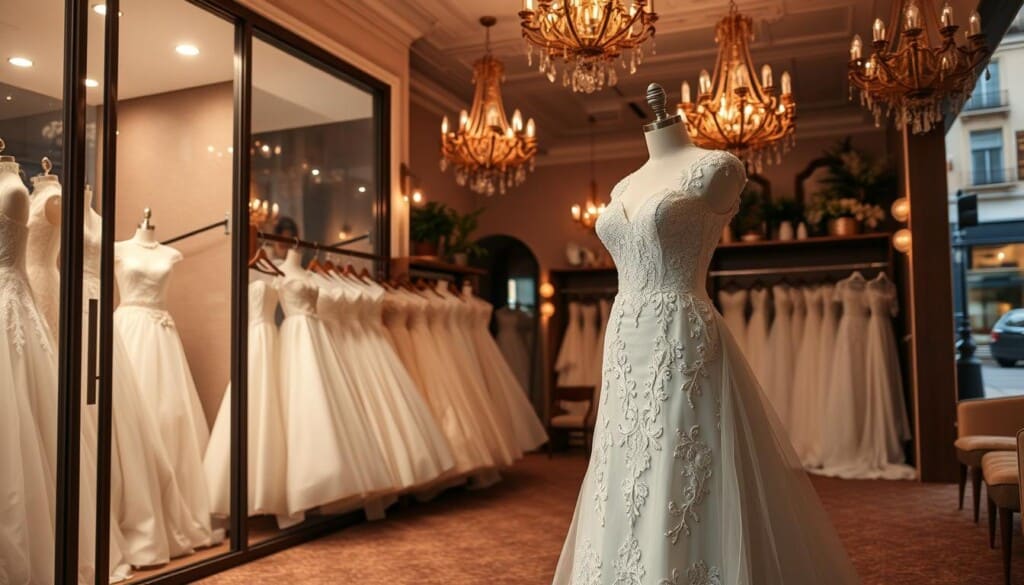 A cozy, well-lit bridal dress store with a warm, inviting atmosphere. The storefront features large display windows showcasing an array of elegant, floor-length wedding gowns in a variety of styles and silhouettes, from classic ballgowns to modern, minimalist designs. The interior is adorned with ornate chandeliers, plush carpeting, and tasteful decor that evokes a sense of luxurious sophistication. In the foreground, a mannequin adorned in a stunning lace-and-satin bridal gown stands prominently, drawing the eye toward the store's impressive selection. Soft, diffused lighting creates a flattering, ethereal ambiance, while the background reveals a charming urban streetscape, hinting at the store's convenient, city-center location.
