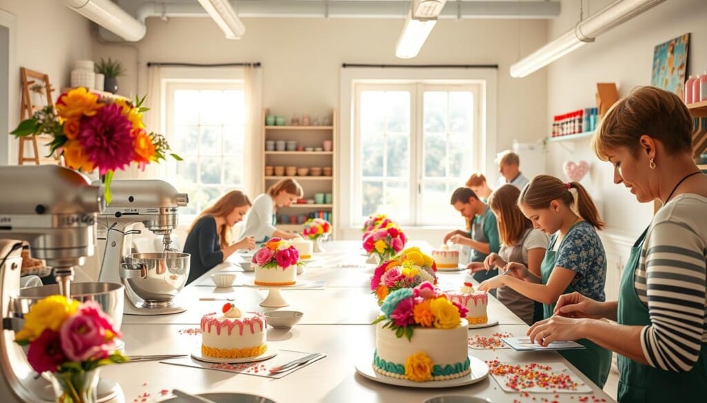 A cozy, well-lit cake decorating studio with rows of workstations, each equipped with a professional-grade stand mixer, piping bags, and an assortment of colorful fondant, frosting, and sprinkles. Vibrant floral arrangements adorn the tables, creating a welcoming and inspirational atmosphere. Sunlight streams in through large windows, casting a warm glow over the scene. In the foreground, a group of students intently focus on decorating their cakes, their faces brimming with concentration and creativity. In the background, an instructor provides guidance and demonstrations, sharing their expertise with the eager learners.