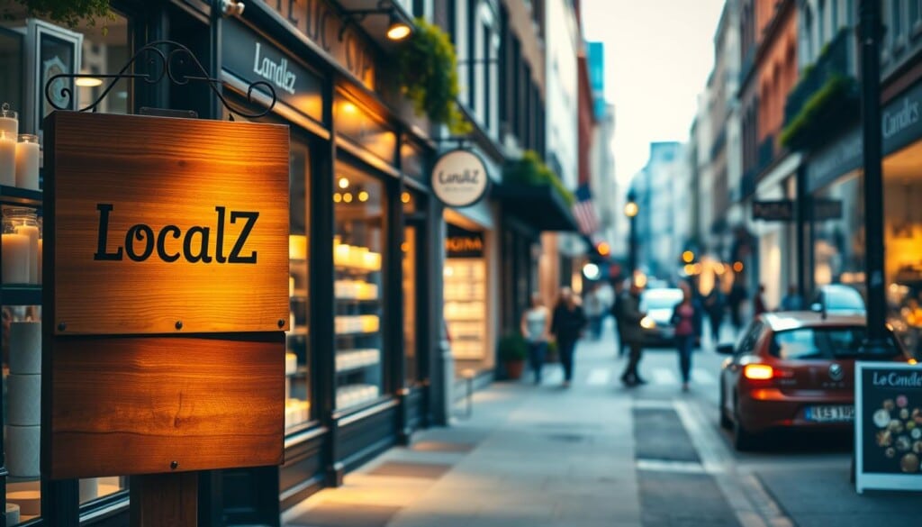 A cozy, well-lit candle store directory on a quaint city street. In the foreground, a wooden sign with the "LocalZ" logo stands prominently, casting warm shadows. Shopfronts line the middle ground, each featuring a unique display of candles in various shapes, sizes, and colors. The background reveals a bustling urban scene, with people strolling and cars passing by, creating a lively atmosphere. The lighting is soft and inviting, highlighting the store windows and creating a charming, community-oriented ambiance. The overall composition conveys a sense of discovery, guiding the viewer to explore the local candle shops and their offerings.
