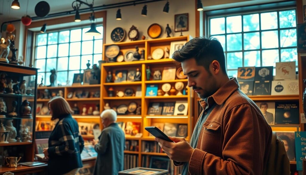 A cozy, well-lit collectible store, with warm wooden shelves displaying a variety of vintage items. Customers browse through shelves, examining antique figurines, rare coins, and classic vinyl records. Soft natural lighting filters in through large display windows, casting a gentle glow on the store's interior. In the foreground, a customer is perusing a detailed review on their smartphone, weighing the store's reputation and customer feedback. The overall atmosphere is one of nostalgia, discovery, and thoughtful consideration, inviting the viewer to imagine themselves exploring this unique shopping experience.