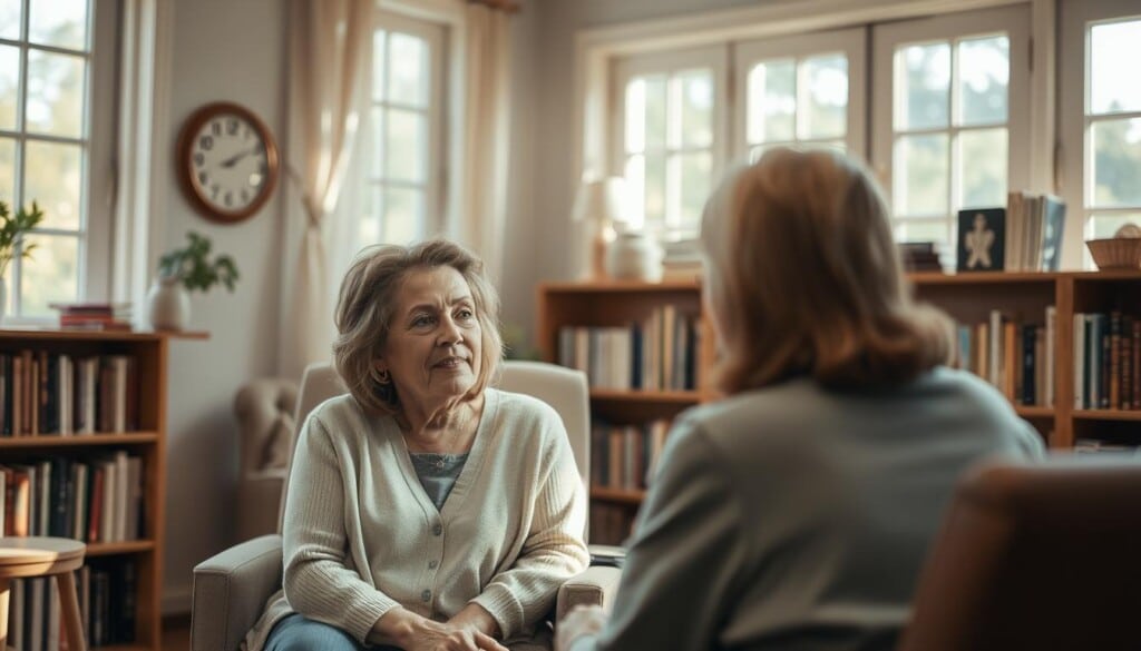 A cozy, well-lit counseling office, filled with a sense of warmth and understanding. In the foreground, a middle-aged woman sits across from a kind, compassionate counselor, their faces reflecting a deep connection. The woman's expression is one of openness and trust, as the counselor leans in, offering a gentle, empathetic demeanor. Soft, natural lighting cascades through large windows, creating a tranquil, soothing atmosphere. Bookshelves line the walls, conveying a sense of wisdom and experience. The room exudes a sense of safety, where faith-based guidance and support can be found.