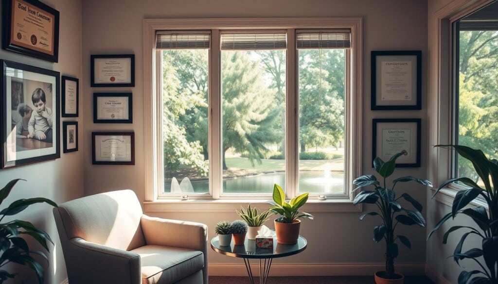 A cozy, well-lit counseling office overlooking a lush, verdant park. Framed certificates and diplomas adorn the walls, conveying a sense of expertise and professionalism. A comfortable armchair sits in the foreground, inviting clients to settle in and feel at ease. Soft natural light filters through large windows, creating a warm, calming atmosphere. In the middle ground, a small table displays an array of soothing plants and a box of tissues, hinting at the empathetic care provided by the local counselor. The background features a tranquil outdoor scene, with swaying trees and a serene pond, emphasizing the peaceful, community-oriented nature of the local counseling services.