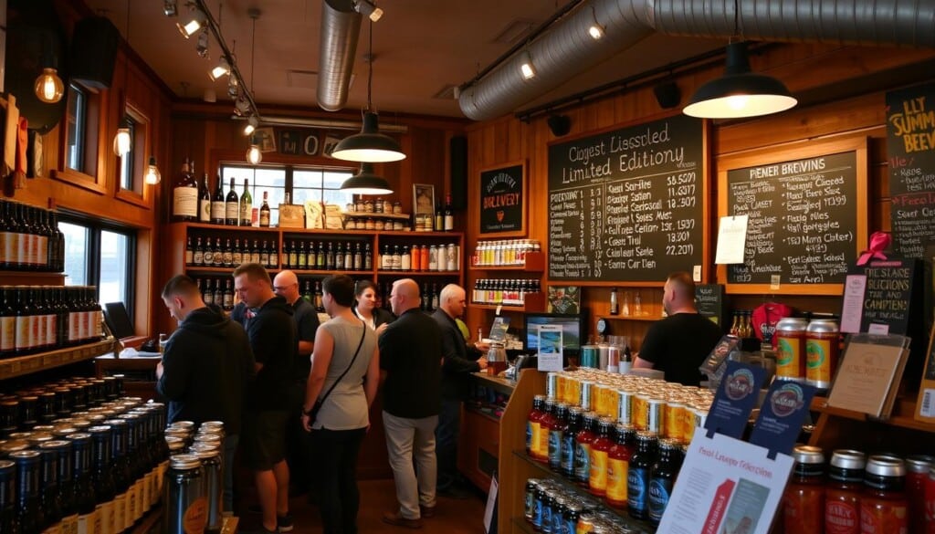 A cozy, well-lit craft brewery store with warm, inviting lighting and rustic wood accents. The foreground features an array of colorful beer bottles and cans, neatly arranged on wooden shelves. In the middle ground, customers browse the selection, chatting with the knowledgeable staff. The background showcases a chalkboard menu highlighting the latest seasonal and limited-edition brews, complemented by a display of branded merchandise and promotional materials. The overall atmosphere is one of enthusiasm and community, reflecting the spirit of the local craft beer scene.