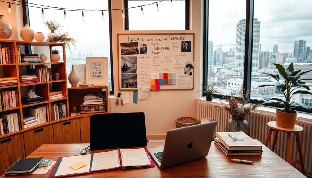 A cozy, well-lit event planning office, filled with inspiring decor and organizational tools. In the foreground, a wooden desk with a sleek laptop, planner, and colorful sticky notes. Behind it, shelves brimming with event planning books, elegant vases, and string lights casting a warm glow. In the middle ground, a mood board on the wall showcases venue photos, color swatches, and handwritten event checklists. In the background, large windows offer a view of a bustling city skyline, hinting at the dynamic energy of local event venues. The overall atmosphere exudes professionalism, creativity, and a passion for event planning.