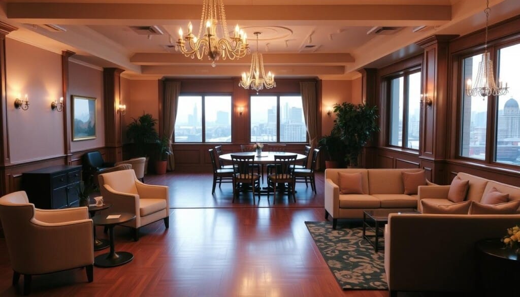 A cozy, well-lit event venue with a warm, inviting atmosphere. Soft lighting illuminates the elegant chandeliers hanging from the high ceilings, casting a gentle glow over the polished hardwood floors. In the foreground, a group of plush armchairs and sofas are arranged in a conversational setting, with small side tables and potted plants adding to the refined ambiance. The middle ground features a long, wooden dining table surrounded by classic wooden chairs, perfect for hosting seated events. In the background, large windows allow natural light to filter in, revealing the scenic cityscape outside. The overall mood is one of sophistication and comfort, creating the ideal setting for a memorable event.