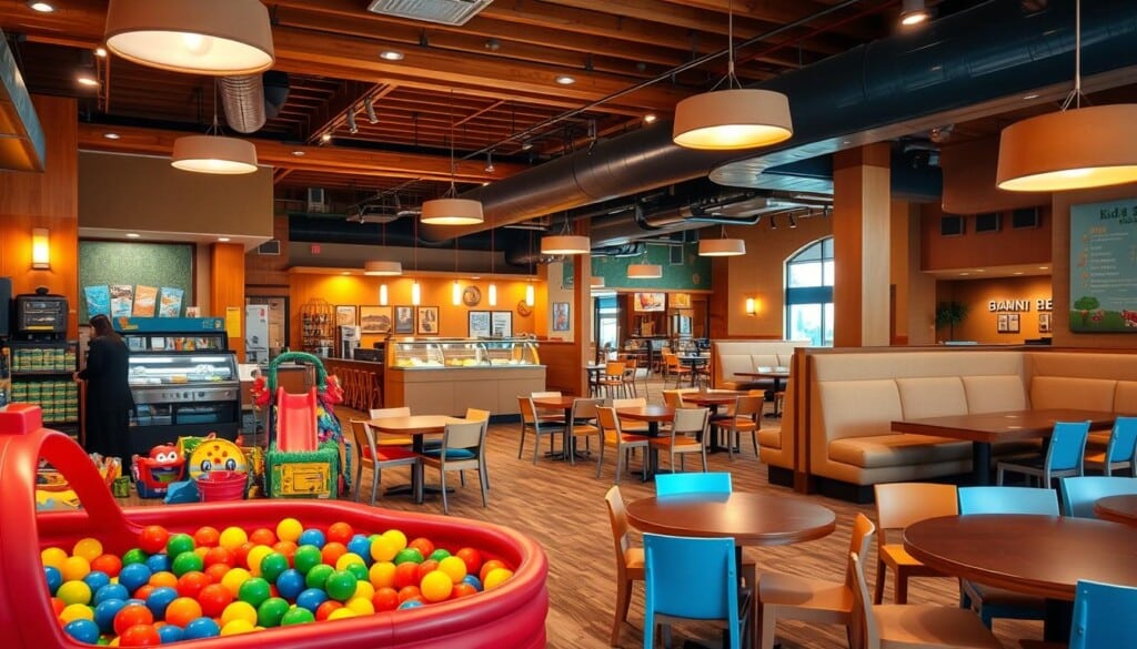 A cozy, well-lit family restaurant interior with a vibrant, inviting atmosphere. In the foreground, a colorful play area features various kid-friendly amenities, including a ball pit, interactive educational toys, and a small slide. The middle ground showcases child-sized tables and chairs, as well as a kid-friendly buffet selection. In the background, a large open-plan seating area with plush booths and a dedicated kids' menu board. Warm lighting, natural wood accents, and cheerful wall decor create a welcoming, family-friendly ambiance.