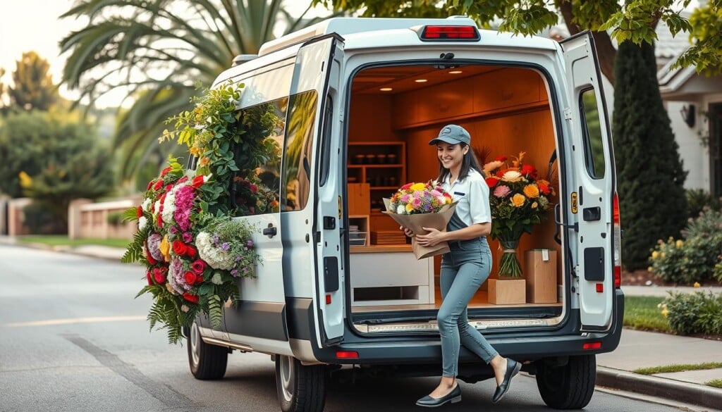 A cozy, well-lit floral delivery van parked on a quiet suburban street, its sides adorned with vibrant blooms and lush foliage. A cheerful delivery person, dressed in a crisp uniform, carefully removes a neatly packaged bouquet from the van's interior, ready to hand-deliver it to a nearby home. The scene conveys a sense of efficiency, care, and the fresh, fragrant joy of flowers being brought directly to the customer's doorstep. Soft natural lighting bathes the scene, highlighting the vivid colors and textures of the floral arrangements. The overall atmosphere is one of calm, professionalism, and the delight of a seamless, hassle-free floral delivery experience.