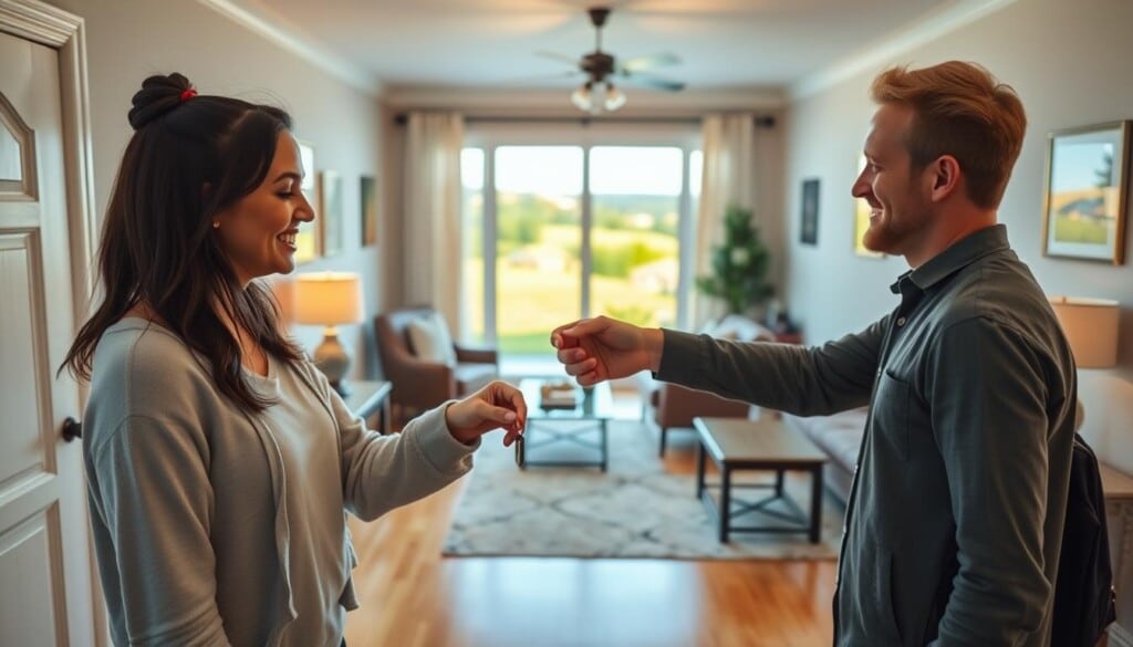 A cozy, well-lit home interior with a cheerful, inviting atmosphere. In the foreground, a smiling person hands over house keys to another person, conveying a smooth rental transition. The middle ground features neatly arranged furniture, clean hardwood floors, and tasteful home decor, showcasing a meticulously prepared rental space. The background depicts a large window overlooking a picturesque suburban landscape, bathed in warm, natural lighting. The overall scene exudes a sense of comfort, organization, and a positive rental experience.