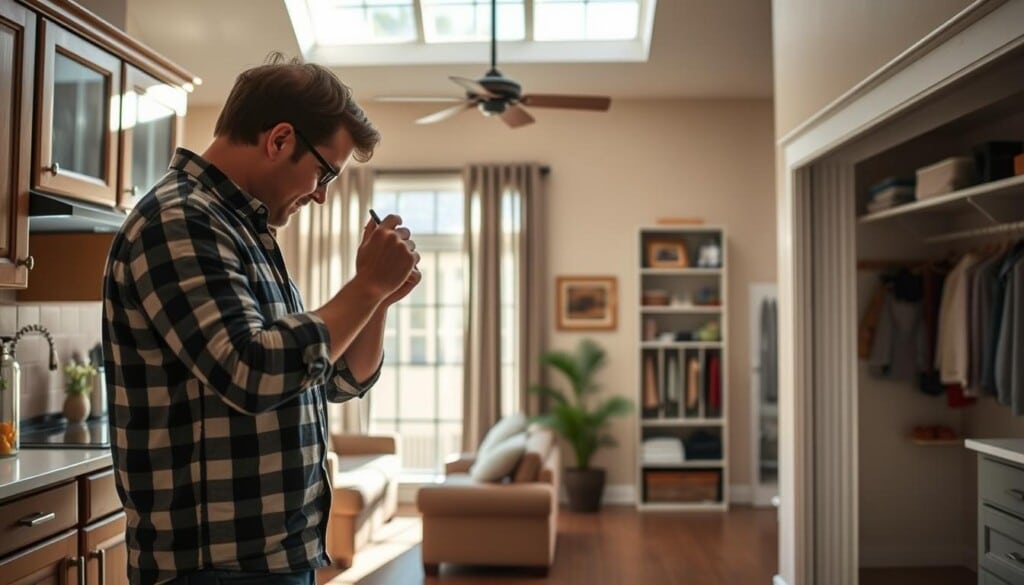 A cozy, well-lit home interior with natural sunlight streaming through large windows. In the foreground, a homeowner performs a final inspection, meticulously checking cabinets, fixtures, and surfaces. The middle ground showcases tidy living spaces, with carefully arranged decor and furniture. In the background, a clean, organized garage or mudroom, ready to impress the home inspector. The scene conveys a sense of preparedness, attention to detail, and a welcoming atmosphere, embodying the homeowner's dedication to presenting their property in the best possible light for the upcoming inspection.