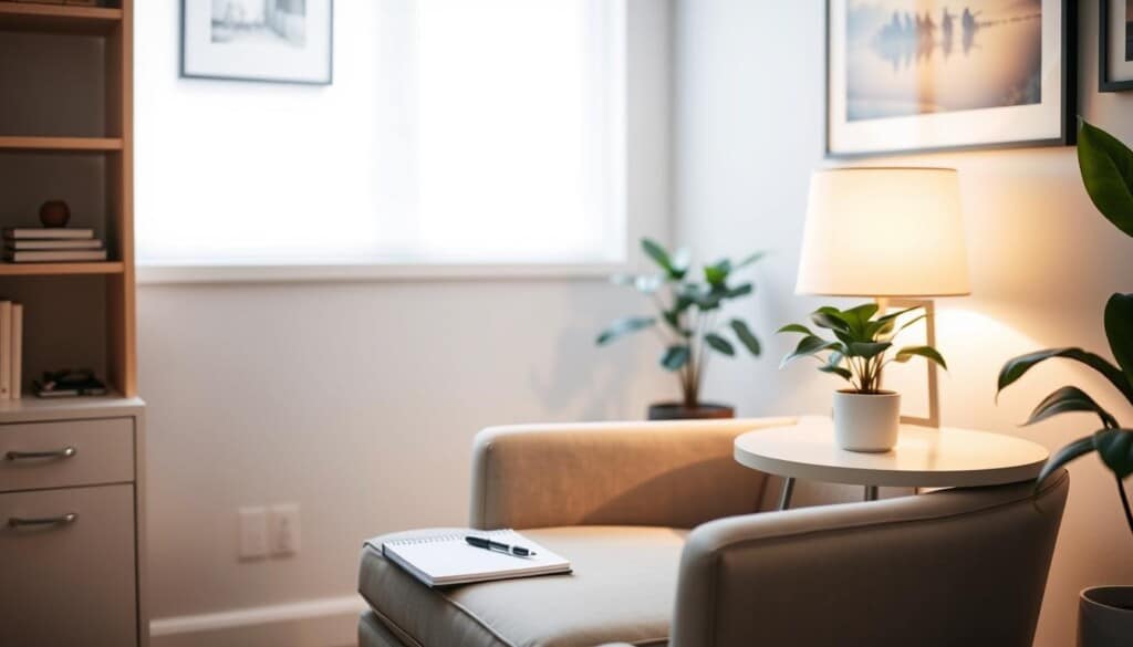 A cozy, well-lit home office setting, with a comfortable armchair and side table, ready for a thoughtful first counseling session. Soft, diffused lighting illuminates the space, casting a warm, inviting glow. On the side table, a notepad, pen, and a soothing houseplant create an atmosphere of calm and focus. The walls are adorned with serene artwork, suggesting a space of reflection and emotional well-being. The chair is positioned to face the viewer, inviting the client to settle in and open up. The overall scene conveys a sense of professionalism, empathy, and a welcoming environment for a productive and meaningful counseling experience.