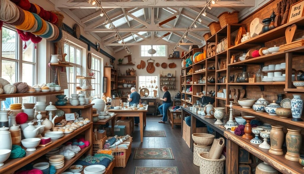 A cozy, well-lit interior of a charming craft shop, showcasing a diverse array of handmade goods. The foreground displays an assortment of vibrant yarn, delicate ceramics, and intricate woodcarvings arranged on rustic shelves. In the middle ground, a team of skilled artisans can be seen working diligently at their stations, capturing the spirit of craftsmanship. The background reveals a panoramic view of the shop, highlighting its warm, inviting atmosphere, with natural light filtering through large windows and a selection of unique décor pieces, creating an inspiring and visually captivating scene.