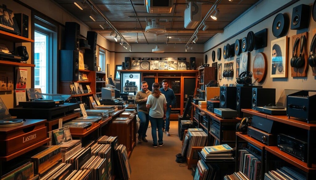 A cozy, well-lit interior of a local audio store, filled with rows of vintage vinyl records, high-end speakers, and audiophile equipment. The foreground showcases a selection of classic turntables, amplifiers, and headphones, invitingly displayed on wooden shelves. In the middle ground, customers peruse the aisles, immersed in the warm atmosphere and the gentle hum of music playing. The background features a wall of soundproofed listening booths, where customers can test the equipment in a private setting. The lighting is soft and atmospheric, casting a golden glow over the scene, creating a welcoming and immersive shopping experience for audio enthusiasts.