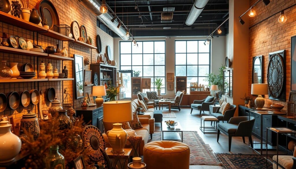 A cozy, well-lit interior of a local decor store, showcasing a diverse selection of unique home furnishings and accessories. Warm, soft lighting highlights the textured walls adorned with rustic shelves and stylish display cases. In the foreground, a variety of decorative pieces, from handcrafted ceramics to artisanal textiles, catch the eye, inviting exploration. The middle ground features a mix of furniture, such as mid-century modern chairs and sleek side tables, arranged in a visually appealing layout. In the background, large windows allow natural light to filter in, creating a serene and inviting atmosphere. The overall scene conveys a sense of local character, creativity, and a commitment to curating exceptional home décor.