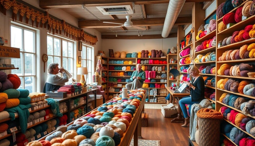 A cozy, well-lit interior of a premium knitting supply store, showcasing an assortment of vibrant yarns, needles, and knitting accessories. The foreground features neatly arranged display shelves with various textures and colors of yarn, inviting the viewer to browse and explore. In the middle ground, skilled knitters sit by large windows, their hands expertly crafting intricate patterns. The background reveals a warm, welcoming atmosphere with wooden floors, exposed beams, and a calming ambiance, creating a sense of tranquility and inspiration for the discerning knitter.