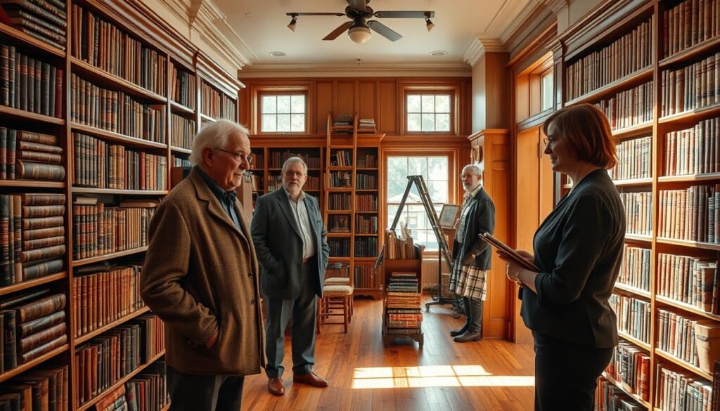A cozy, well-lit interior of an antique book store, with sun-dappled hardwood floors and floor-to-ceiling shelves brimming with leather-bound volumes. In the foreground, two distinguished-looking booksellers, one an elderly gentleman in a tweed jacket, the other a sharp-eyed woman in a stylish blouse, guide a customer through the store's rare treasures. In the background, a wood-paneled alcove with a rolling ladder invites browsing, while the storefront windows bathe the scene in a warm, nostalgic glow. The overall atmosphere conveys a sense of quiet discovery and timeless charm, reflecting the joys of supporting local, independent businesses.