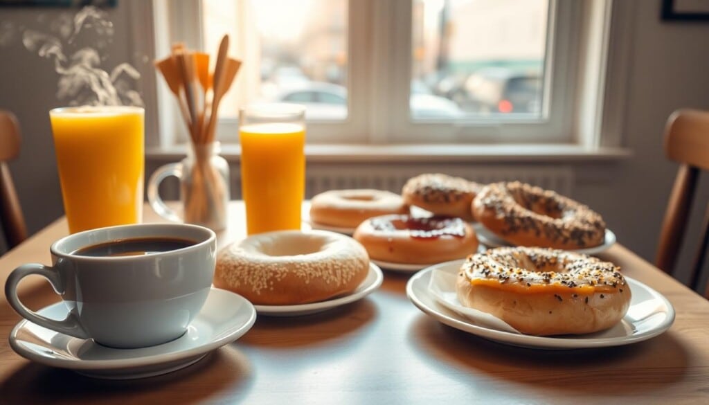 A cozy, well-lit kitchen table set with a selection of artisanal bagels, each paired with a complementary beverage. In the foreground, a steaming cup of freshly brewed coffee, its aroma filling the air. Alongside, a tall glass of orange juice, its vibrant color inviting the viewer to take a sip. In the middle ground, a selection of bagels - plain, sesame, and everything - each with a unique spread or topping, from cream cheese to house-made jam. In the background, a bright, sun-dappled window overlooking a bustling city street, setting the scene for a leisurely, thoughtful breakfast experience.