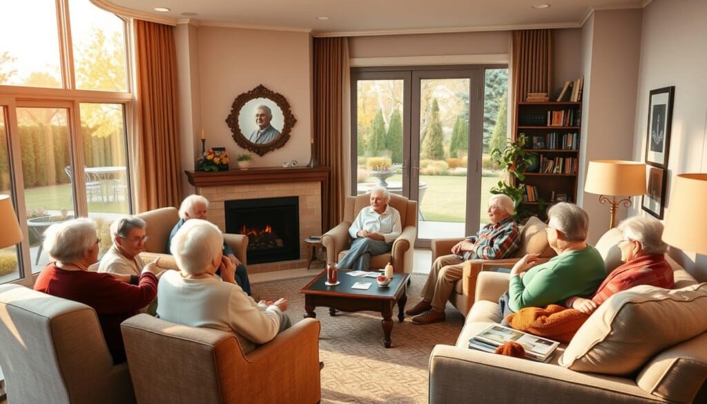 A cozy, well-lit living room in a modern retirement home. Elderly residents gathered around a fireplace, engaged in conversation and lively card games. Plush armchairs and sofas in neutral tones, with vibrant accent pillows. Bookshelves line the walls, filled with classic novels and photo albums. Large windows overlook a well-manicured garden, bathed in warm, golden afternoon light. The atmosphere is inviting and tranquil, conveying a sense of community, comfort, and the dignity of aging.