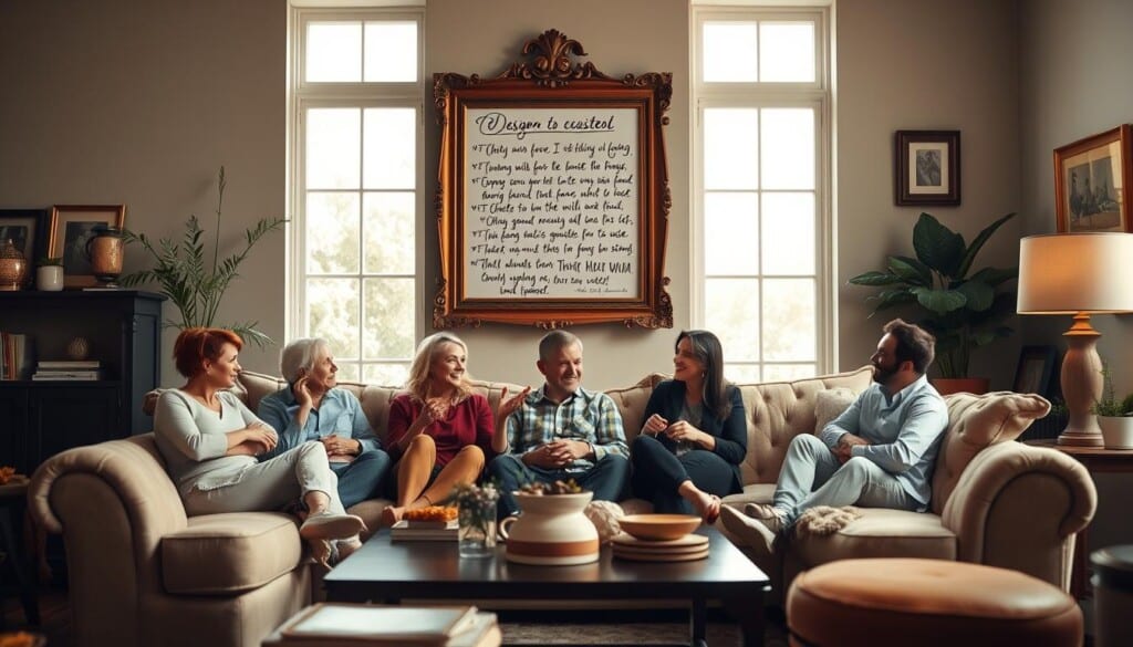 A cozy, well-lit living room setting with a plush, comfortable sofa at the center. On the sofa, several people of diverse backgrounds are seated, engaged in lively discussion and gesturing animatedly. A large, ornate wooden frame hangs on the wall behind them, showcasing customer reviews and testimonials in an elegant, hand-written font. Soft, natural lighting filters in through large windows, creating a warm, inviting atmosphere. The room is adorned with tasteful decor, including potted plants and framed artwork, reflecting a sense of sophistication and attention to detail. The overall scene conveys a sense of trust, satisfaction, and a welcoming environment for potential customers to explore the furniture reupholstery services.