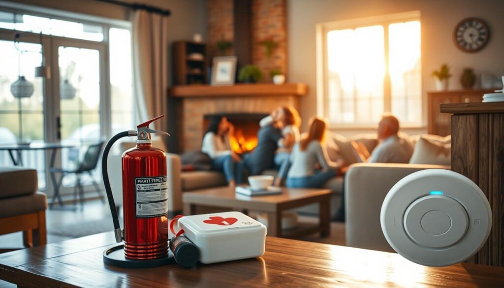 A cozy, well-lit living room with a family gathered around a fireplace, surrounded by carefully curated home safety essentials. A sleek, modern fire extinguisher stands ready on a side table, its shiny red casing gleaming. Nearby, a first-aid kit sits atop a sturdy wooden cabinet, its contents neatly organized. In the corner, a smart smoke detector blends seamlessly with the home's decor, its blue indicator light subtly signaling its readiness. The warm glow of the fireplace casts a soft, inviting ambiance, while large windows allow natural light to flood the space, creating a sense of security and comfort.