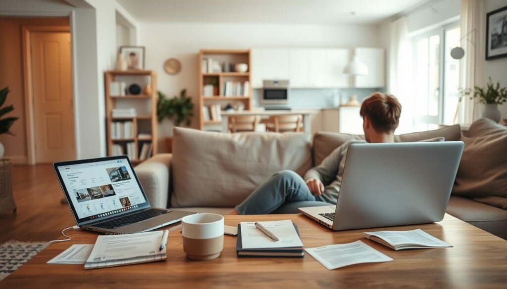 A cozy, well-lit living room with natural lighting filtering through a large window. On the coffee table, a notebook, a cup of coffee, and a laptop open to apartment listing websites. In the foreground, a person sitting on a comfortable couch, deeply engrossed in their search, surrounded by scattered notes and documents. The walls are adorned with minimalist decor, creating a serene and inviting atmosphere. The middle ground features a bookshelf filled with reference materials, while the background showcases a clean, uncluttered kitchen area, hinting at the broader apartment layout. The overall scene conveys a sense of focus and diligence in the apartment search process.