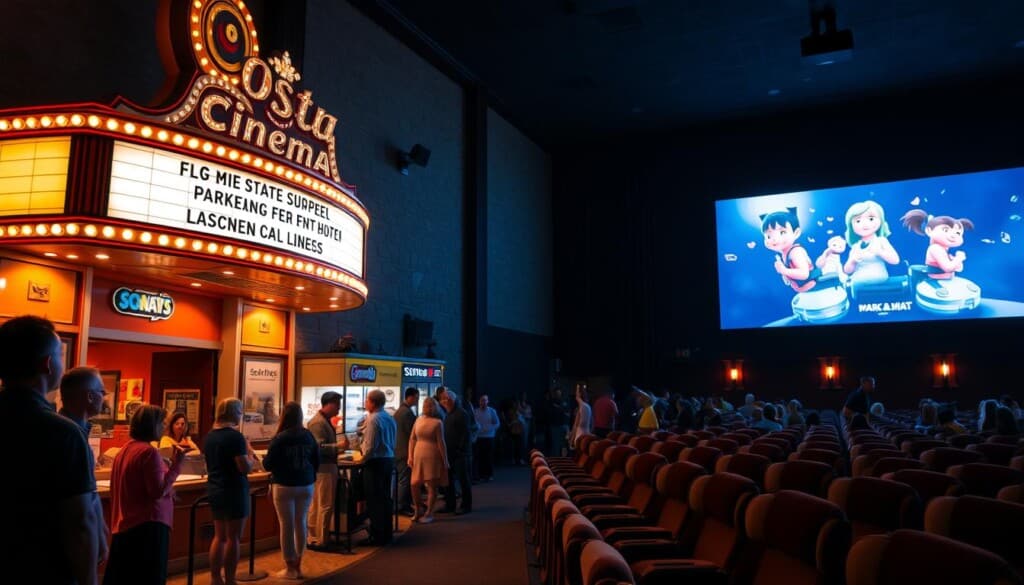 A cozy, well-lit local cinema entrance, with a classic marquee sign illuminating the façade. Patrons line up eagerly, their faces aglow with anticipation. The lobby is bustling with activity, as concession stands offer a tempting array of snacks and refreshments. Plush, comfortable seats await inside the screening room, casting a warm glow as the lights dim, and the opening credits flicker onto the expansive screen, immersing the audience in the cinematic experience.